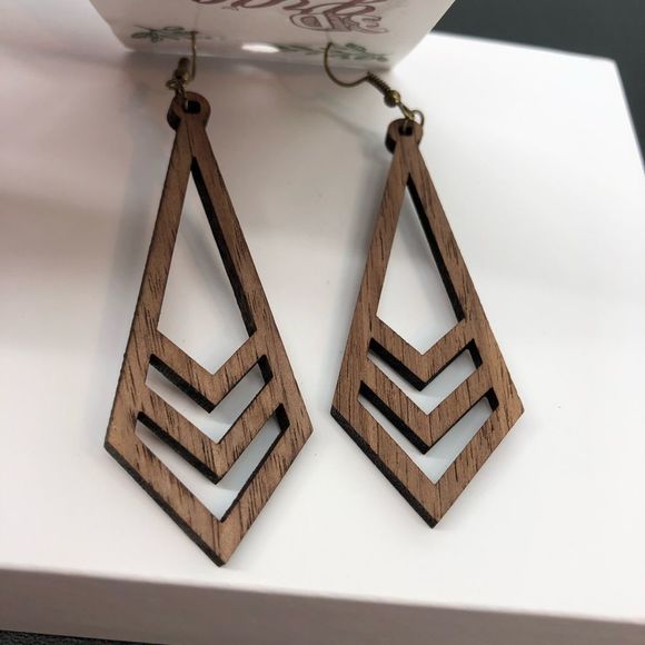 Geometric Chevron 3D Laser Cut Wood Pierced Earrings - Picture 2 of 4